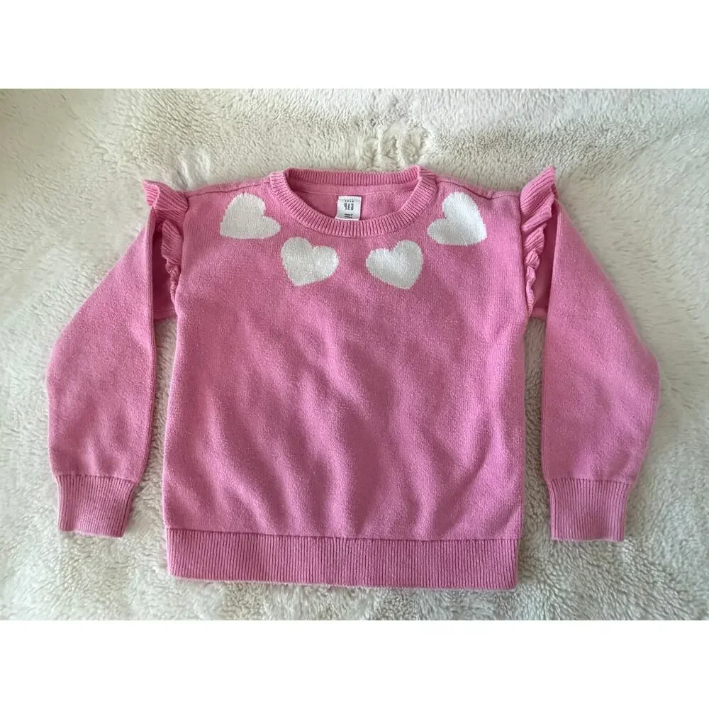 GAP- Pink and white heart crewneck sweater with ruffle shoulders - Size 5T